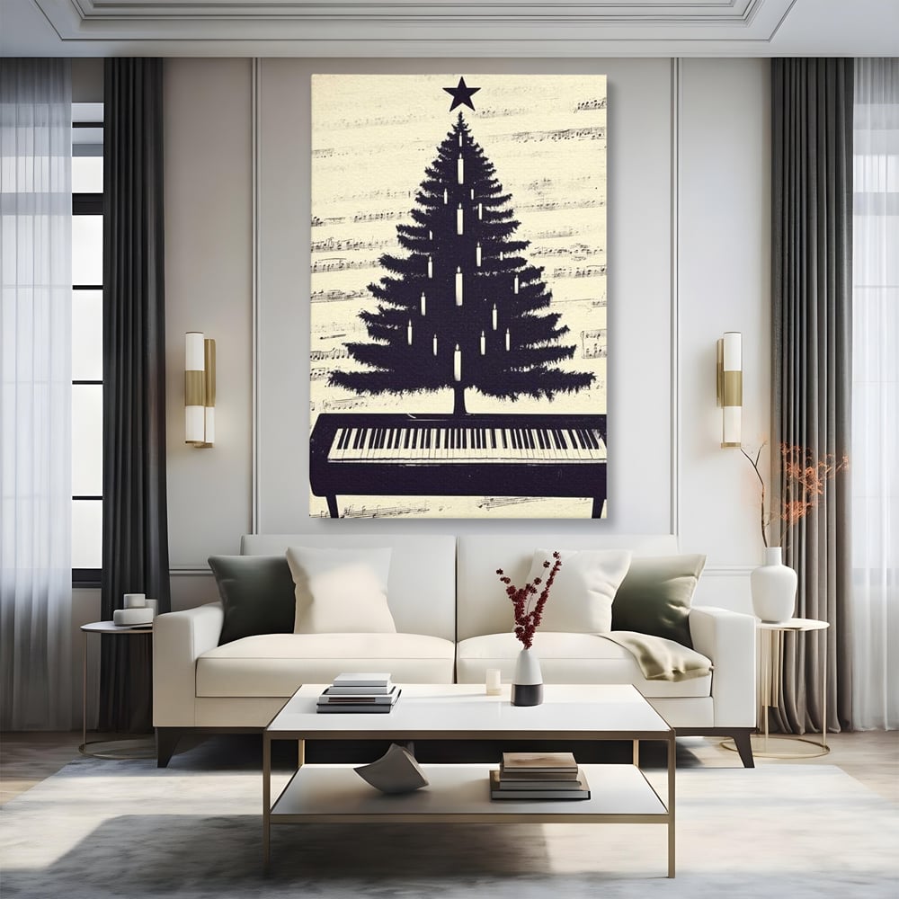 Tablou canvas cu tablou canvas cu brad din clape de pian, fara rama, pe sasiu de lemn, pe perete intr-un living